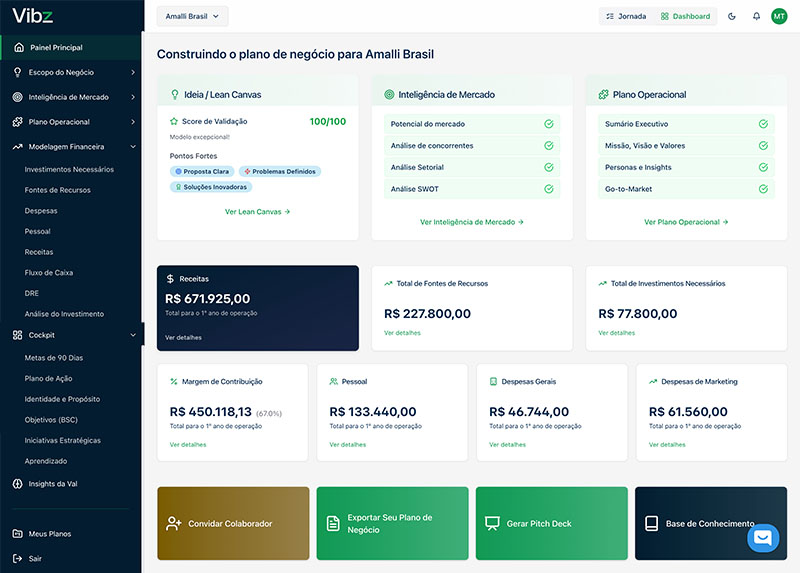 Painel da plataforma Vibz mostrando o plano de negócios em construção