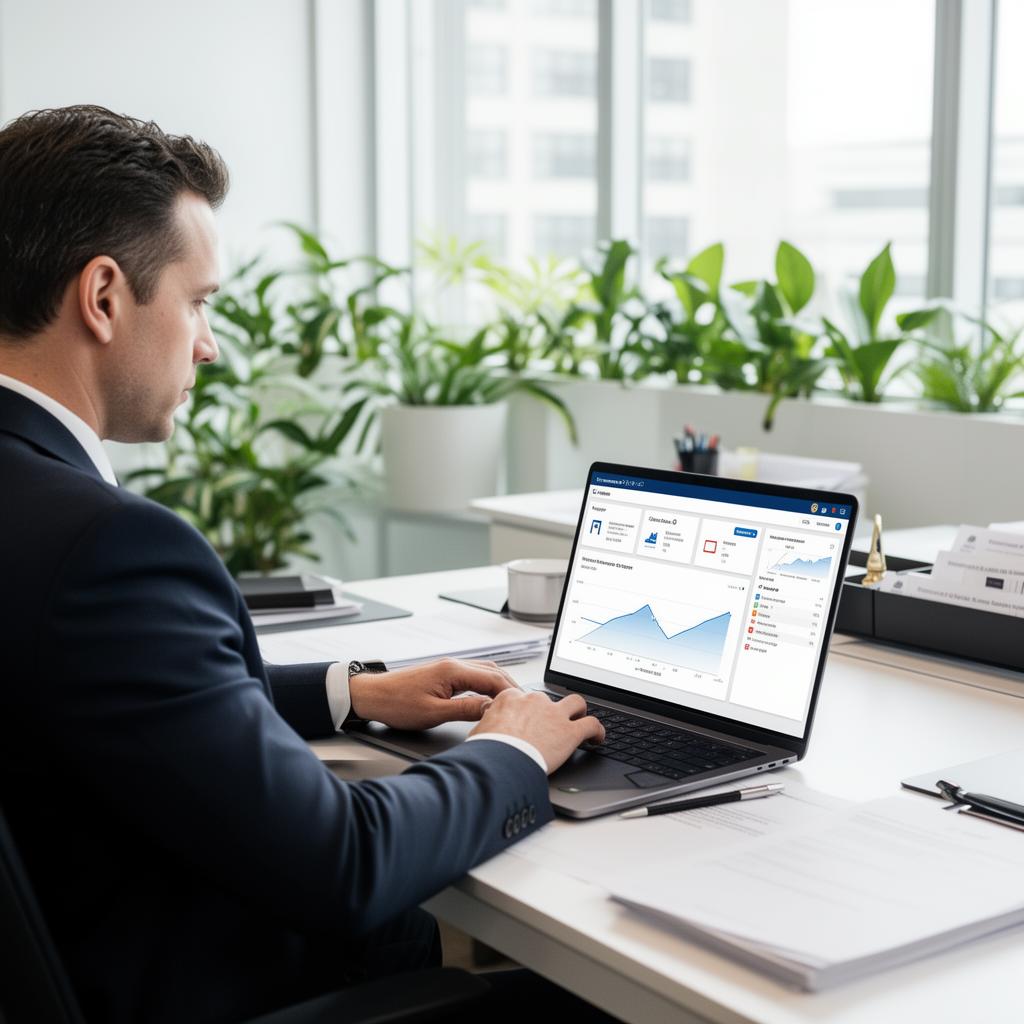 Public manager analyzing program indicators on a laptop
