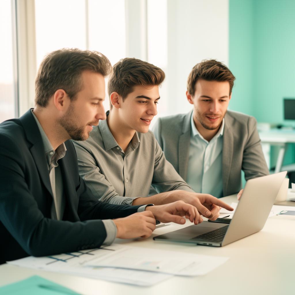 Mentors supporting a founder in a collaborative meeting in front of the laptop