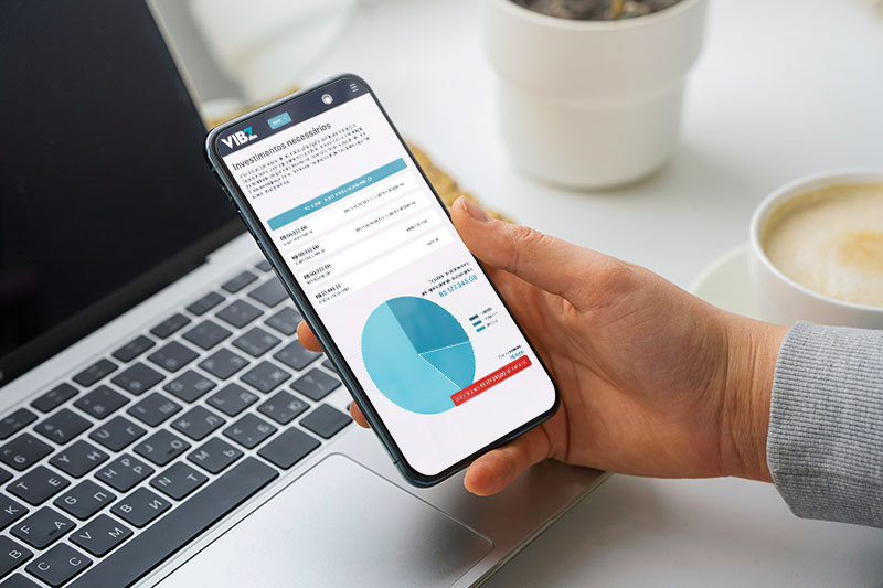 Vibz acessado a partir de um smartphone com gráficos de projeções