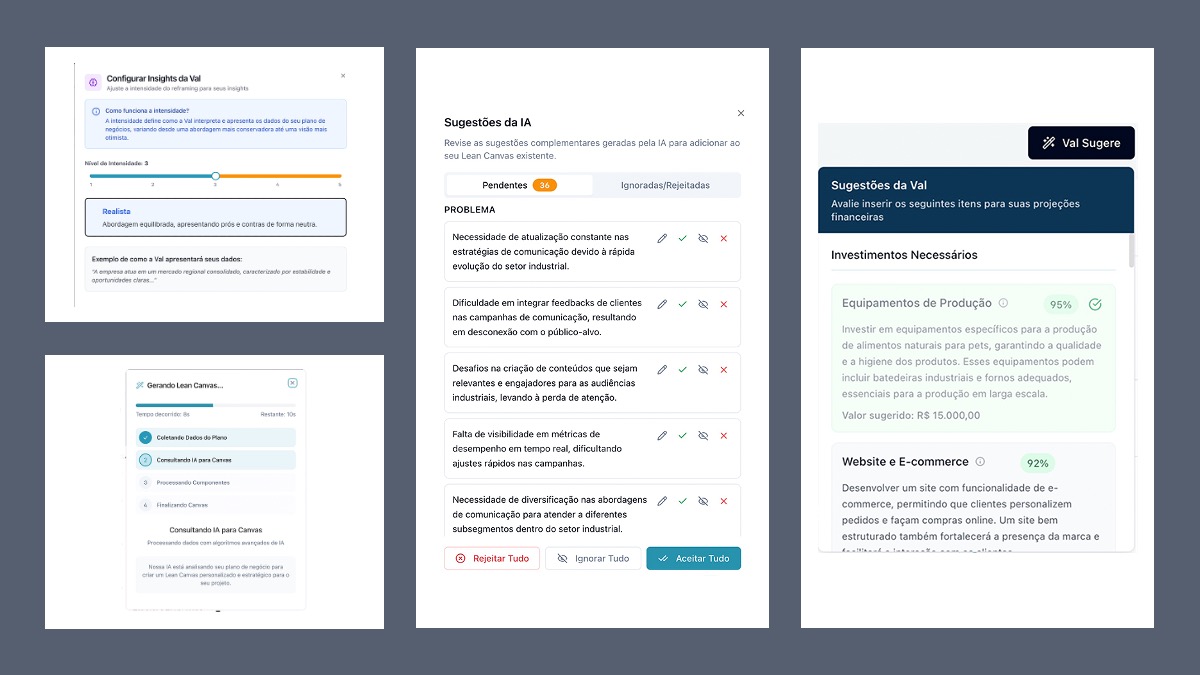 Telas da Val, assistente estratégica com IA do Vibz, gerando sugestões e insights